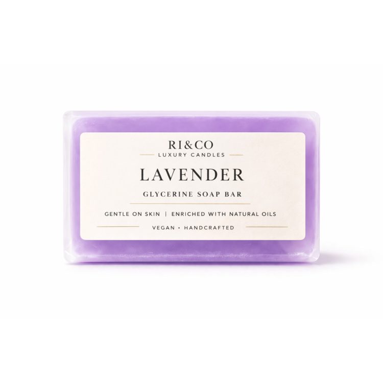 RI&CO Luxury Candles Lavender glycerine soap bar with minimalist cream label